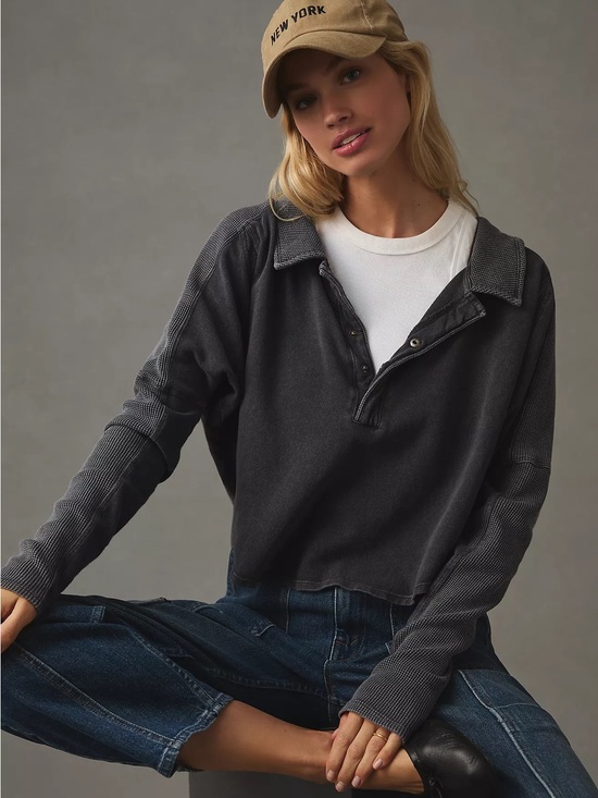 Anthropologie Tops - Daily Practice Anthropologie Long Sleeve Henley Charcoal Grey Size Large Cotton